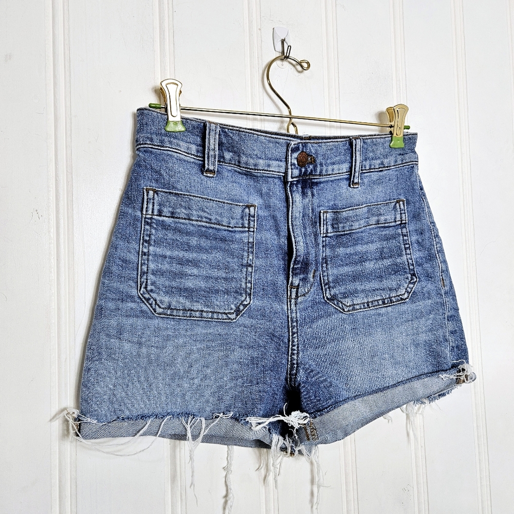 Madewell High Rise Jean Shorts Womens 26 Raw Hem Cuffed Denim Patch Pockets